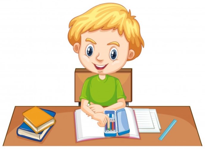 Один счастливый мальчик делает домашнее задание на столе | Бесплатно векторы